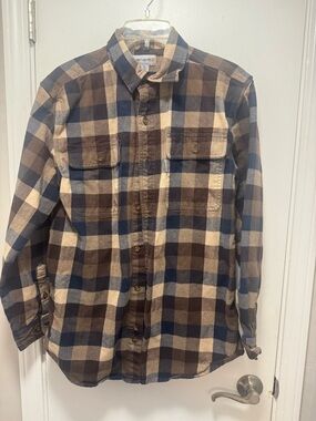 *Men’s Carhartt Men's Plaid Button-Down Shirt in Brown, Navy & Cream
